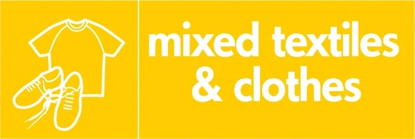 Mixed textiles & clothes recycling sign showing white textile illustration and wording on a yellow letterbox panel. Artwork TEXT0006.