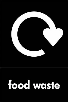 Food waste recycling sign showing white recycling arrow and wording on a black portrait panel. Artwork ORGA0014.