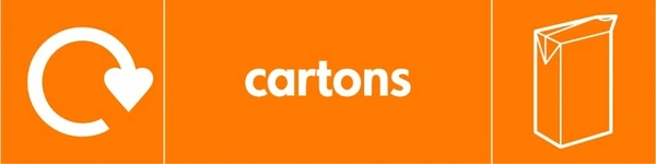 Cartons collection-point artwork with a white recycling arrow, item illustration and wording on orange. OTHE0022.