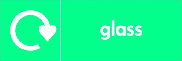 Glass recycling sign showing recycling arrow and wording on a bright green letterbox panel. Artwork GLAS0017.