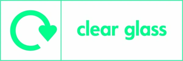 Clear glass recycling sign showing recycling arrow and wording on a green on white letterbox panel. Artwork GLAS0007.