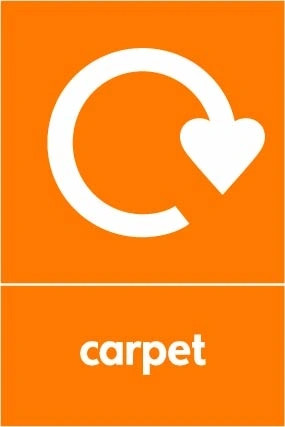 Carpet collection-point artwork with a white recycling arrow and wording on orange. OTHE0041.