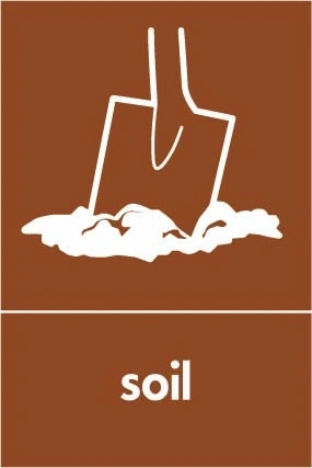 Soil recycling sign showing material illustration with white wording on brown. Artwork BUIL0030.