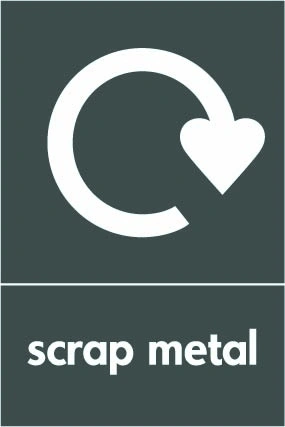 Scrap metal recycling sign showing white recycling arrow and wording on a dark grey portrait panel. Artwork META0041.