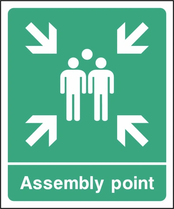 Assembly point sign showing group of people and inward arrows. Artwork EMER0076.