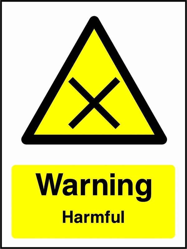 Warning — Harmful sign with yellow triangular black cross pictogram above wording. Artwork CHEM0063.