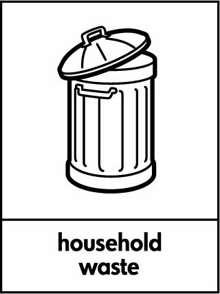 Household waste waste sign showing black bin illustration and wording on a white portrait panel. Artwork WAST0004.