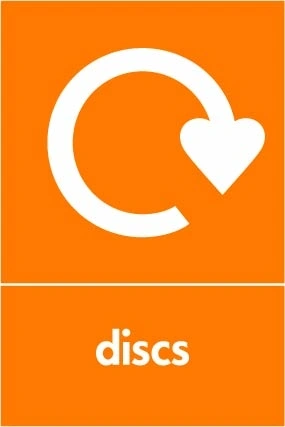 Discs collection-point artwork with a white recycling arrow and wording on orange. OTHE0044.