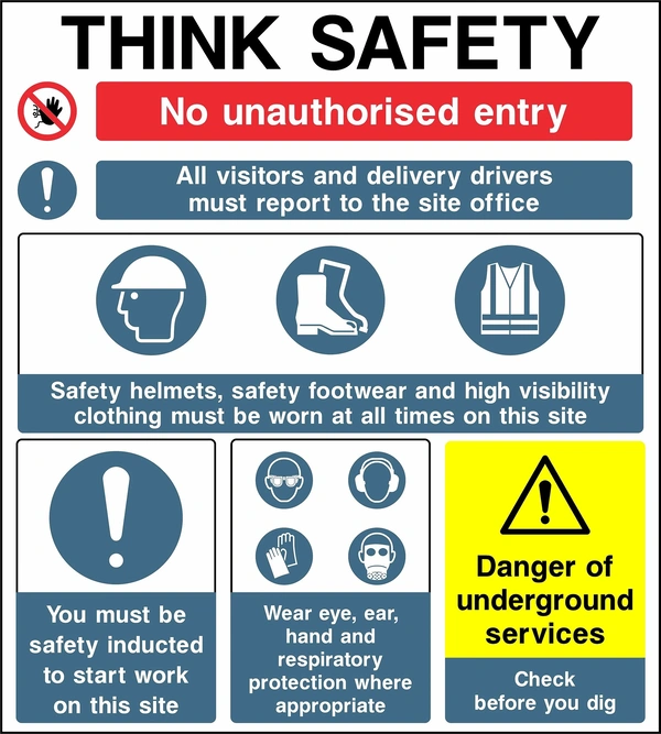 Collated Think Safety board with access restriction, visitor reporting, PPE, induction and underground services notices. CONS0015 artwork.