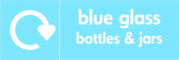 Blue glass bottles & jars recycling sign showing recycling arrow and wording on a light blue letterbox panel. Artwork GLAS0001.