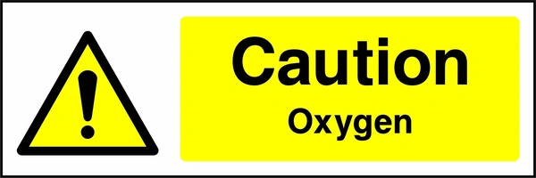 Caution — Oxygen sign with yellow triangular exclamation mark pictogram beside wording. Artwork CHEM0030.