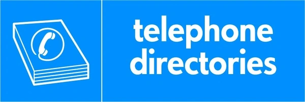 Telephone directories recycling sign showing white material illustration and wording on a blue letterbox panel. Artwork PAPE0015.