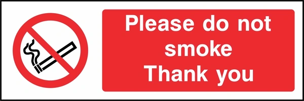 Please do not smoke — Thank you sign. red cigarette or naked-flame prohibition pictogram beside a red wording panel. Artwork SMOK0023.