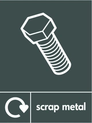 Scrap metal recycling sign showing white recycling arrow, material illustration and wording on a dark grey portrait panel. Artwork META0063.