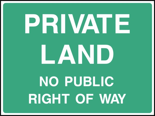 Private land — No public right of way sign showing white wording on a green panel. Artwork COUN0088.