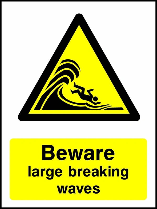 Beware — Large breaking waves sign showing a yellow warning triangle above the printed water or coastal hazard message. Artwork WATE0042.
