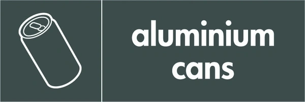 Aluminium cans recycling sign showing white material illustration and wording on a dark grey letterbox panel. Artwork META0012.