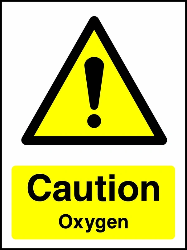Caution — Oxygen sign with yellow triangular exclamation mark pictogram above wording. Artwork CHEM0074.