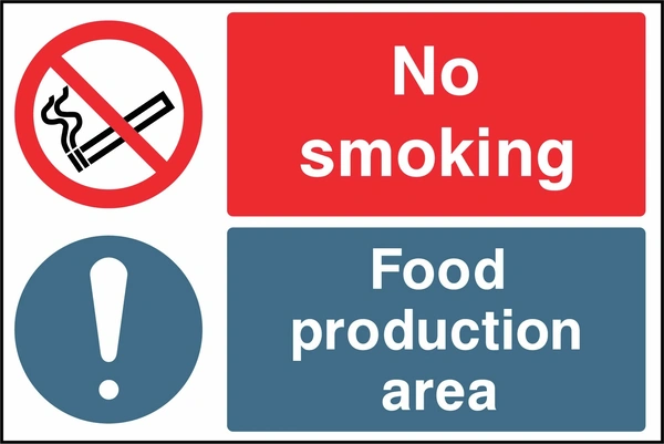 No smoking — Food production area sign. multiple coloured smoking and vaping policy panels. Artwork SMOK0045.