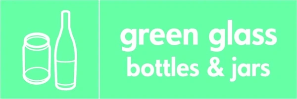 Green glass bottles & jars recycling sign showing glass illustration and wording on a light green letterbox panel. Artwork GLAS0015.