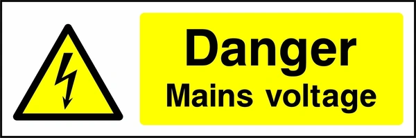 Danger — Mains voltage sign showing yellow electrical lightning bolt warning triangle beside wording. Artwork ELEC0007.
