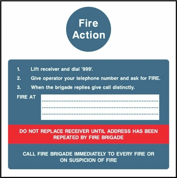 Fire Action printed notice with the original action instructions and layout. Artwork FACT0021.