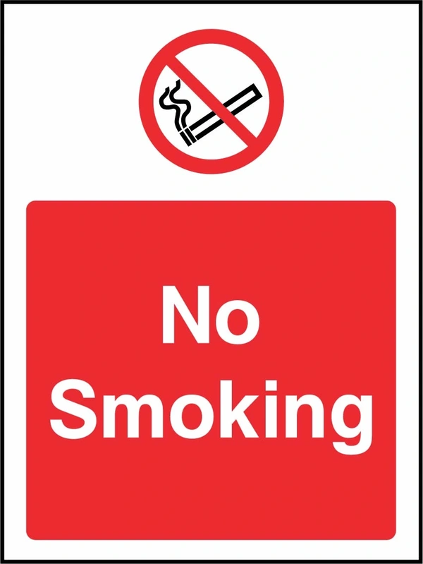 No Smoking sign. red prohibition pictogram above a red wording panel. Artwork SMOK0051.
