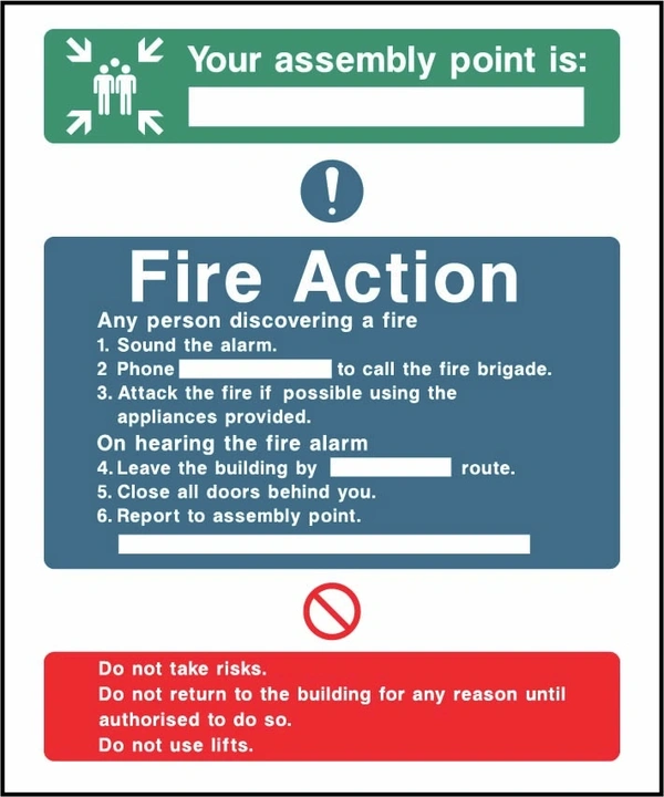 Your assembly point is — Fire Action printed notice with the original action instructions and layout. Artwork FACT0008.