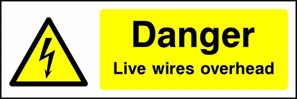 Danger — Live wires overhead sign showing yellow electrical lightning bolt warning triangle beside wording. Artwork ELEC0018.