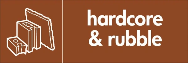 Hardcore & rubble recycling sign showing material illustration with white wording on brown. Artwork BUIL0008.