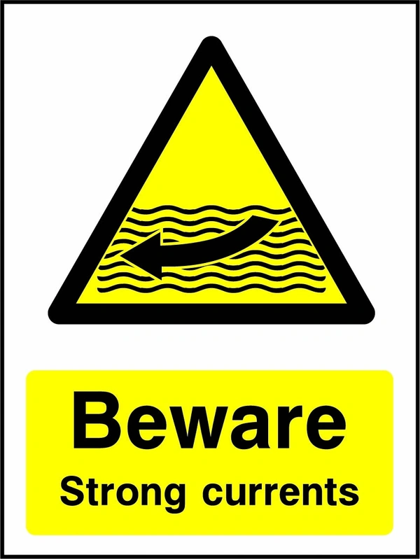 Beware — Strong currents sign showing a yellow warning triangle above the printed water or coastal hazard message. Artwork WATE0029.