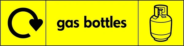 Gas bottles sign showing black pictogram and wording on a yellow panel with a circular recycling arrow. Artwork HAZA0002.