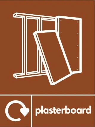 Plasterboard recycling sign showing recycling arrow and material illustration with white wording on brown. Artwork BUIL0036.