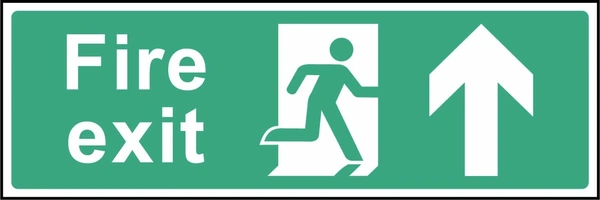 Green and white Fire exit sign with an up arrow and running-person escape symbol. Letterbox artwork EMER0007.