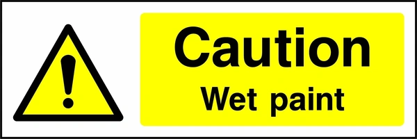 Caution — Wet paint sign showing yellow exclamation warning pictogram beside wording. Artwork GENE0042.