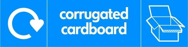 Corrugated cardboard recycling sign showing white recycling arrow and material illustration and wording on a blue letterbox panel. Artwork PAPE0019.