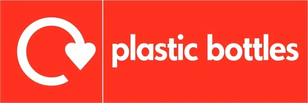 Plastic bottles recycling sign showing white recycling arrow and wording on a red letterbox panel. Artwork PLAS0004.