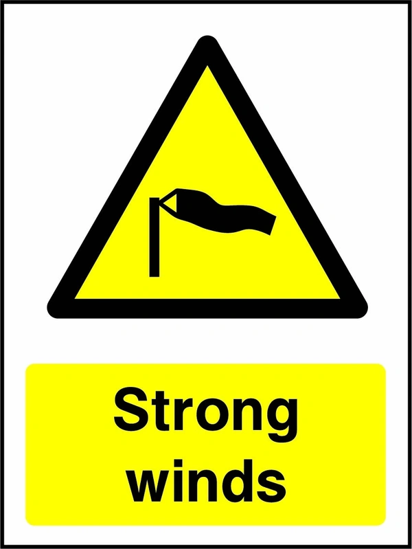 Strong winds sign showing a yellow warning triangle above the printed water or coastal hazard message. Artwork WATE0048.