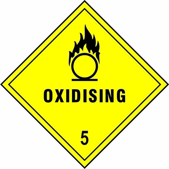Oxidising — 5 sign showing diamond-shaped dangerous-substance symbol with supplied colours and markings. Artwork DANG0016.