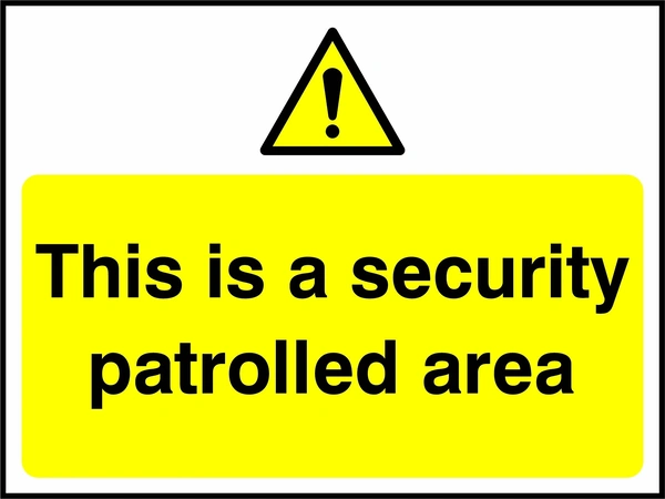 This is a security patrolled area sign. yellow pictogram and text panel. Artwork SECU0056.
