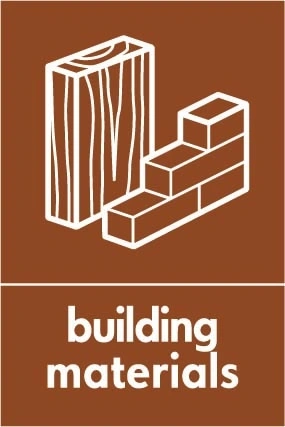 Building materials recycling sign showing material illustration with white wording on brown. Artwork BUIL0027.