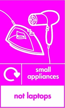 Small appliances — Not laptops sign showing white iron and hairdryer pictogram with exclusion footer and small recycling arrow beside wording on magenta background. Artwork ELEC0110.