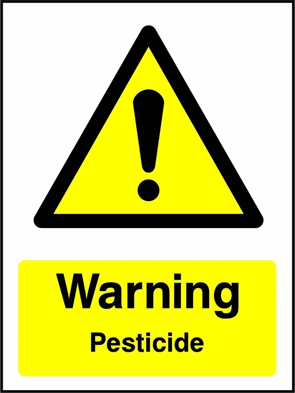 Warning — Pesticide sign with yellow triangular exclamation mark pictogram above wording. Artwork CHEM0072.