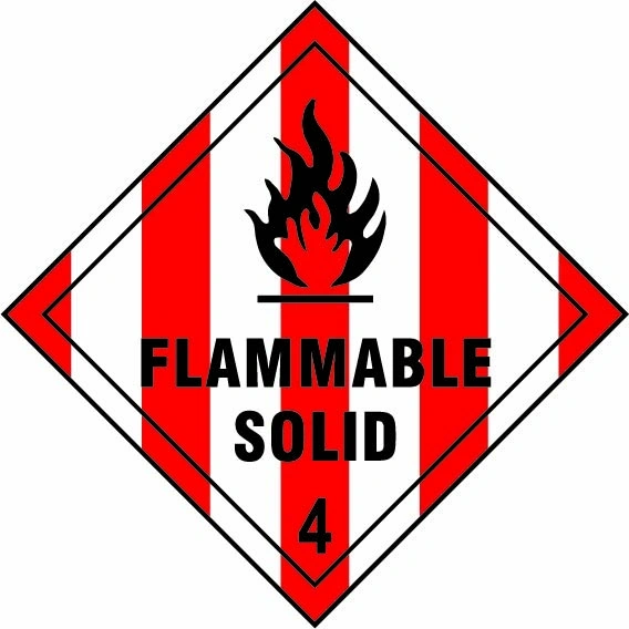 Flammable solid — 4 sign showing diamond-shaped dangerous-substance symbol with supplied colours and markings. Artwork DANG0014.