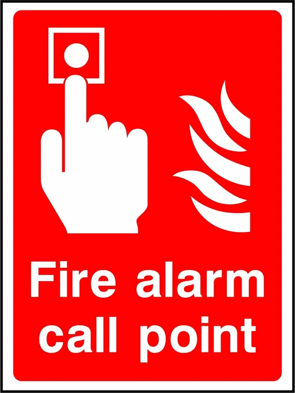Fire alarm call point sign showing hand pressing alarm button above call-point wording. Artwork FEQP0009.