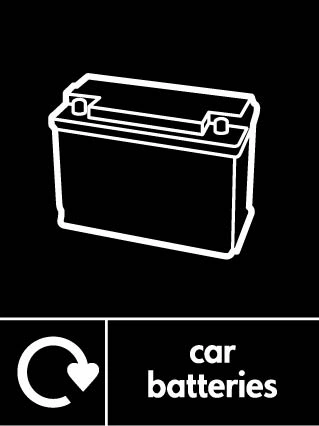 Car batteries recycling sign showing recycling arrow and item illustration with white wording on black. Artwork AUTO0018.