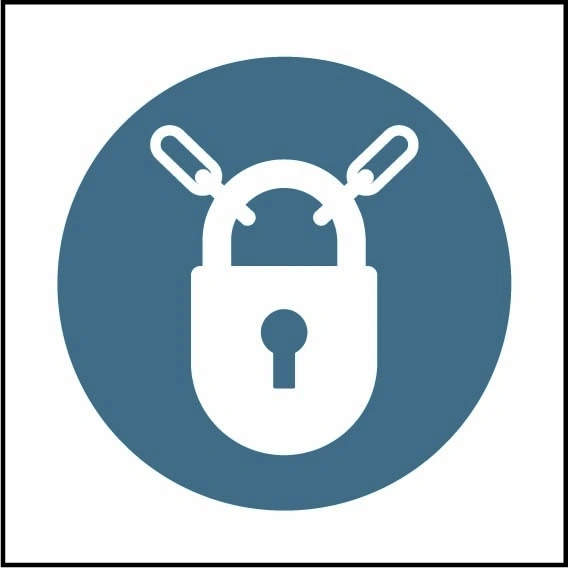 Keep locked pictogram sign showing white padlock and chain pictogram in blue circle. Artwork MACH0055.