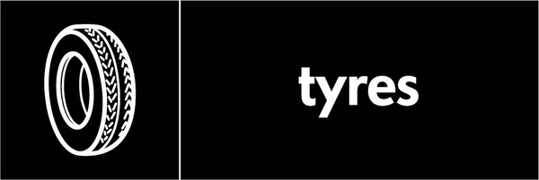 Tyres recycling sign showing item illustration with white wording on black. Artwork AUTO0009.
