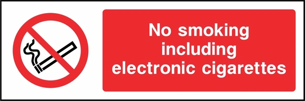No smoking including electronic cigarettes sign. red cigarette or naked-flame prohibition pictogram beside a red wording panel. Artwork SMOK0039.
