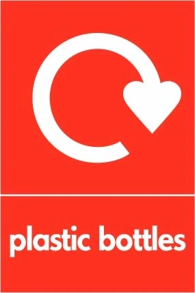 Plastic bottles recycling sign showing white recycling arrow and wording on a red portrait panel. Artwork PLAS0018.